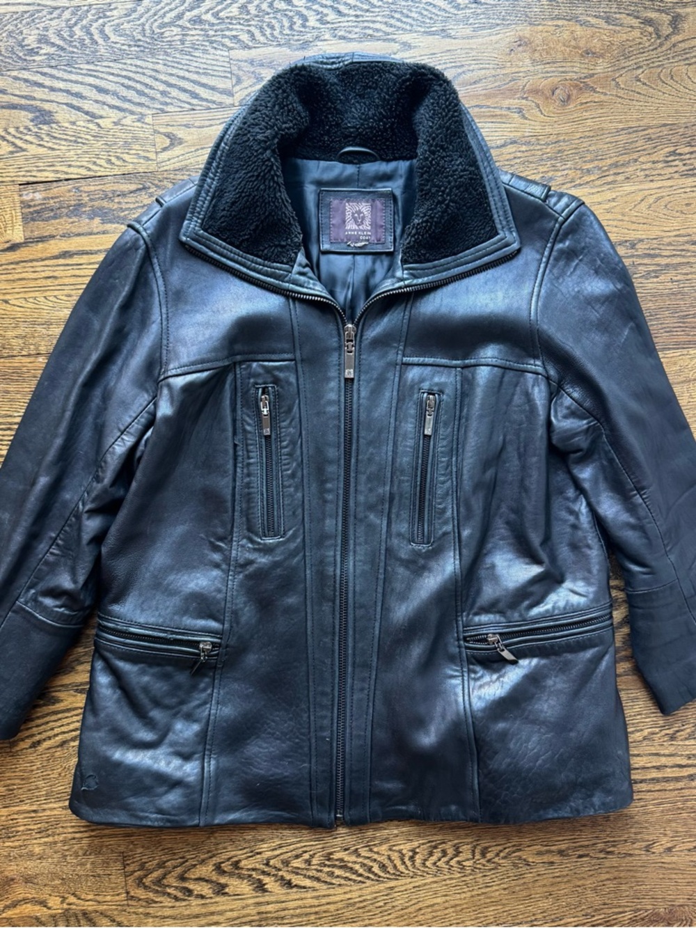 Ann Klein Coat Y2K Classic Black Leather Jacket with Faux Sherpa Collar M *